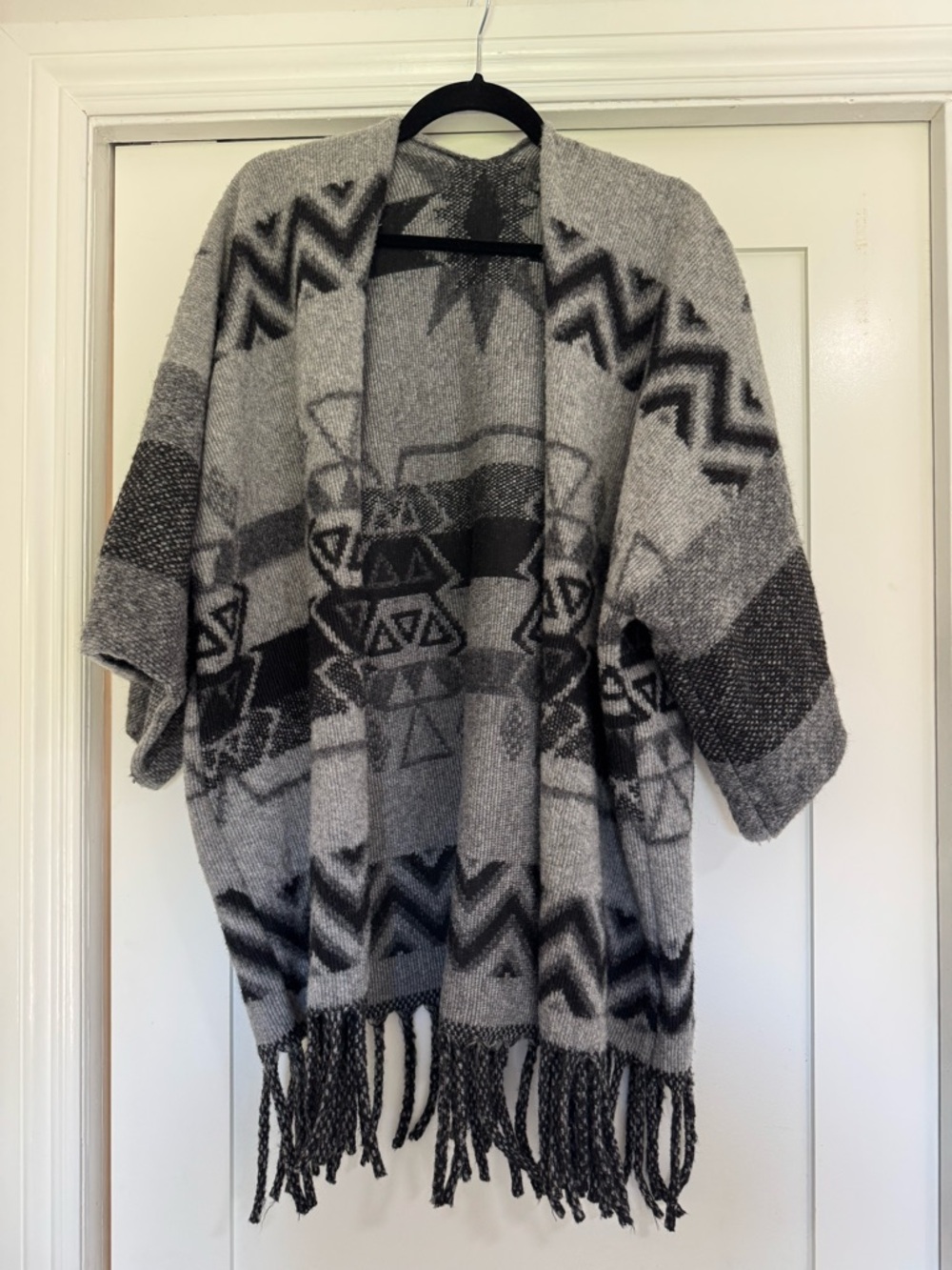 Gray Aztec Fringe Open Poncho Shrug